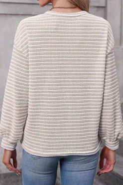Discount Dear-Lover Round Neck Drop Shoulder Long Sleeve Top Khaki Stripe