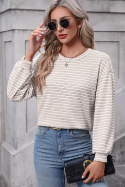 Discount Dear-Lover Round Neck Drop Shoulder Long Sleeve Top Khaki Stripe