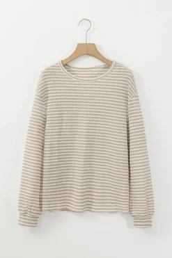 Discount Dear-Lover Round Neck Drop Shoulder Long Sleeve Top Khaki Stripe