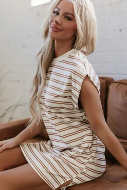Online Dear-Lover Round Neck Sleeveless Casual Pocketed Mini Dress Khaki Stripe
