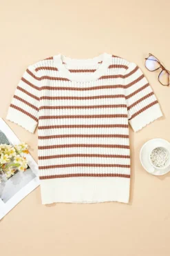 Online Dear-Lover Scalloped Round Neck Short Sleeve Sweater Khaki Stripe