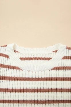 Online Dear-Lover Scalloped Round Neck Short Sleeve Sweater Khaki Stripe