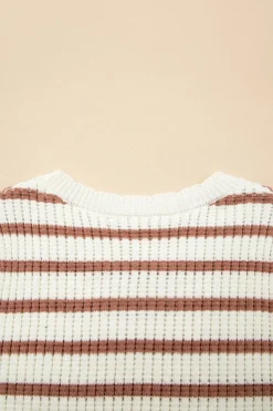 Online Dear-Lover Scalloped Round Neck Short Sleeve Sweater Khaki Stripe