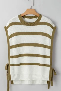 Sale Dear-Lover Tie Open Side Sweater Knitted Top Khaki Stripe