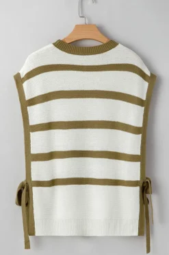 Sale Dear-Lover Tie Open Side Sweater Knitted Top Khaki Stripe