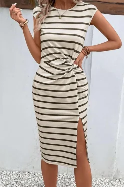 Hot Dear-Lover Twist Side Split Thigh Midi Dress Khaki Stripe