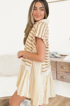 New Dear-Lover Two-in-one Collared Cap Sleeve Patchwork Loose Mini Dress Khaki Stripe