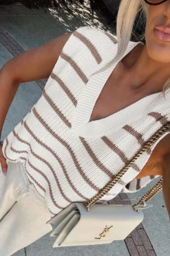 Online Dear-Lover V Neck Knitted Loose Sweater Vest Khaki Stripe