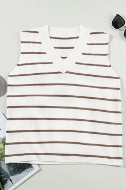 Online Dear-Lover V Neck Knitted Loose Sweater Vest Khaki Stripe