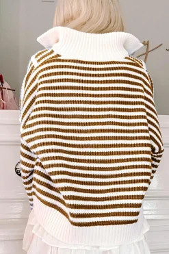 New Dear-Lover Zip up Collar Drop Shoulder Sweater Khaki Stripe