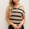 Fashion Dear-Lover Zipped Collar Short Sleeve Sweater Khaki Stripe