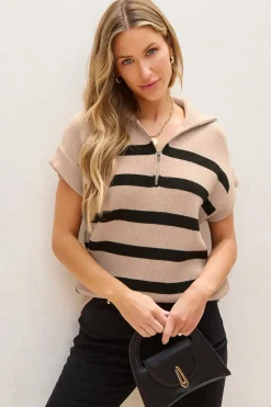 Fashion Dear-Lover Zipped Collar Short Sleeve Sweater Khaki Stripe