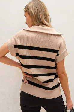 Fashion Dear-Lover Zipped Collar Short Sleeve Sweater Khaki Stripe