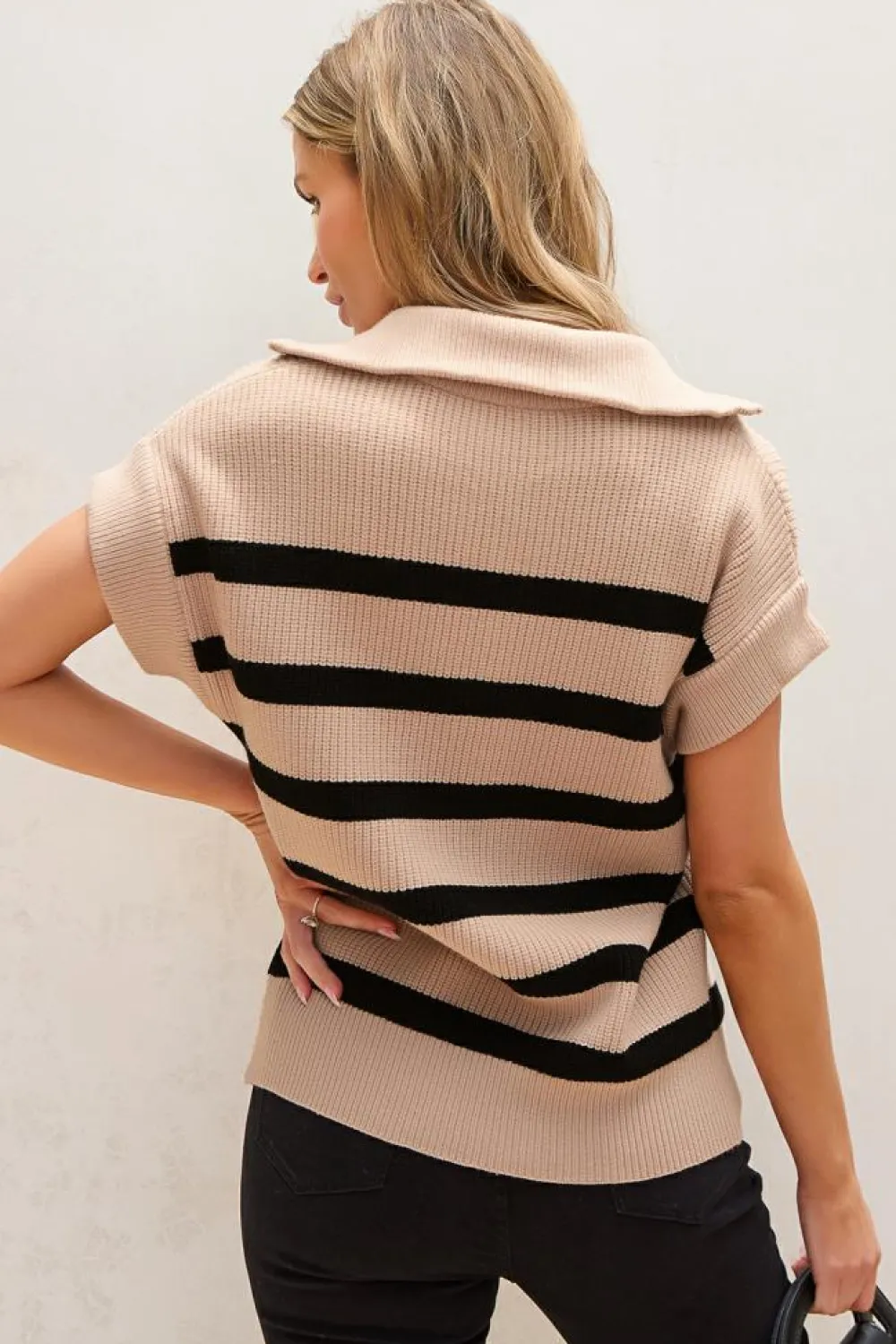 Fashion Dear-Lover Zipped Collar Short Sleeve Sweater Khaki Stripe