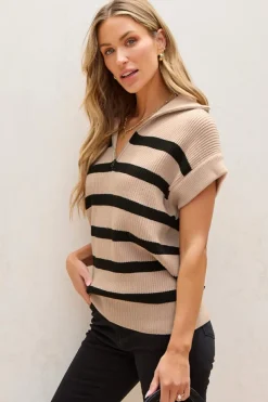 Fashion Dear-Lover Zipped Collar Short Sleeve Sweater Khaki Stripe