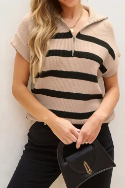 Fashion Dear-Lover Zipped Collar Short Sleeve Sweater Khaki Stripe