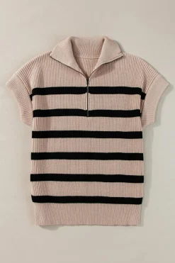 Fashion Dear-Lover Zipped Collar Short Sleeve Sweater Khaki Stripe