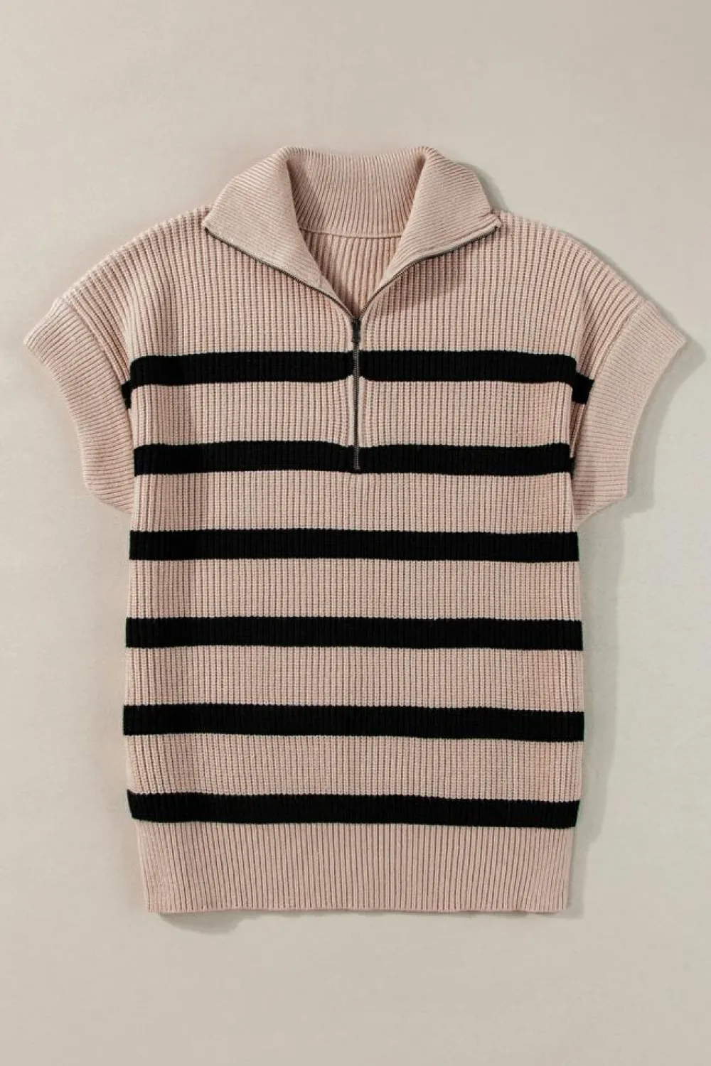 Fashion Dear-Lover Zipped Collar Short Sleeve Sweater Khaki Stripe