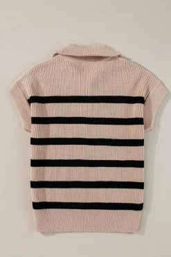 Fashion Dear-Lover Zipped Collar Short Sleeve Sweater Khaki Stripe