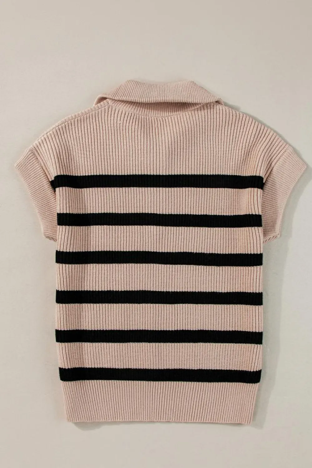 Fashion Dear-Lover Zipped Collar Short Sleeve Sweater Khaki Stripe