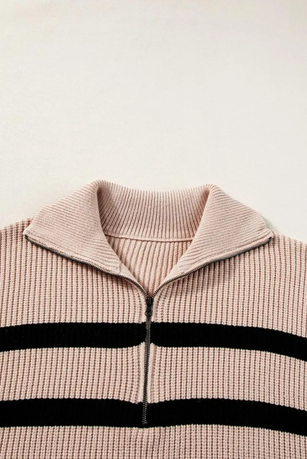 Fashion Dear-Lover Zipped Collar Short Sleeve Sweater Khaki Stripe