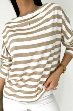Fashion Dear-Lover Striped Boat Neck Long Sleeve Top Khaki