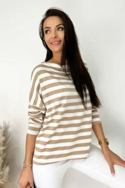 Fashion Dear-Lover Striped Boat Neck Long Sleeve Top Khaki