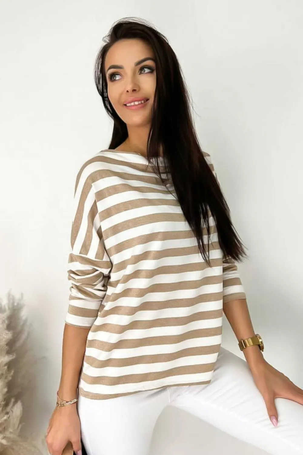 Fashion Dear-Lover Striped Boat Neck Long Sleeve Top Khaki