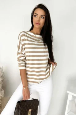 Fashion Dear-Lover Striped Boat Neck Long Sleeve Top Khaki