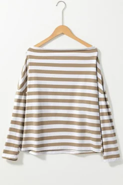 Fashion Dear-Lover Striped Boat Neck Long Sleeve Top Khaki