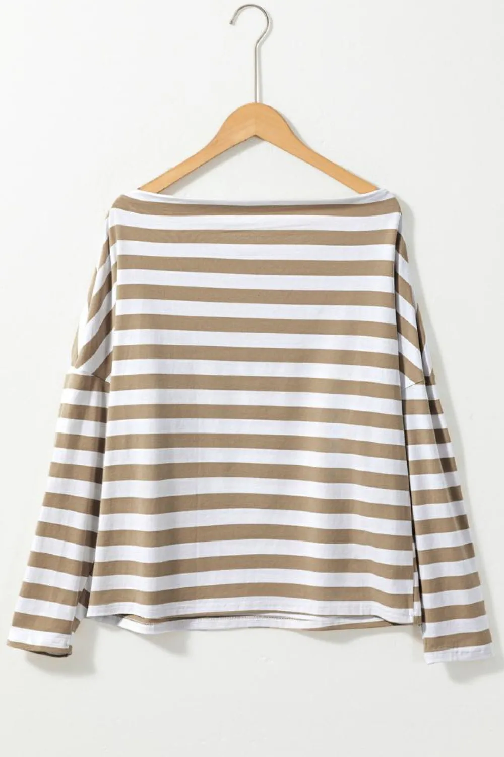 Fashion Dear-Lover Striped Boat Neck Long Sleeve Top Khaki