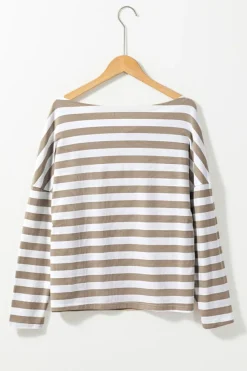 Fashion Dear-Lover Striped Boat Neck Long Sleeve Top Khaki