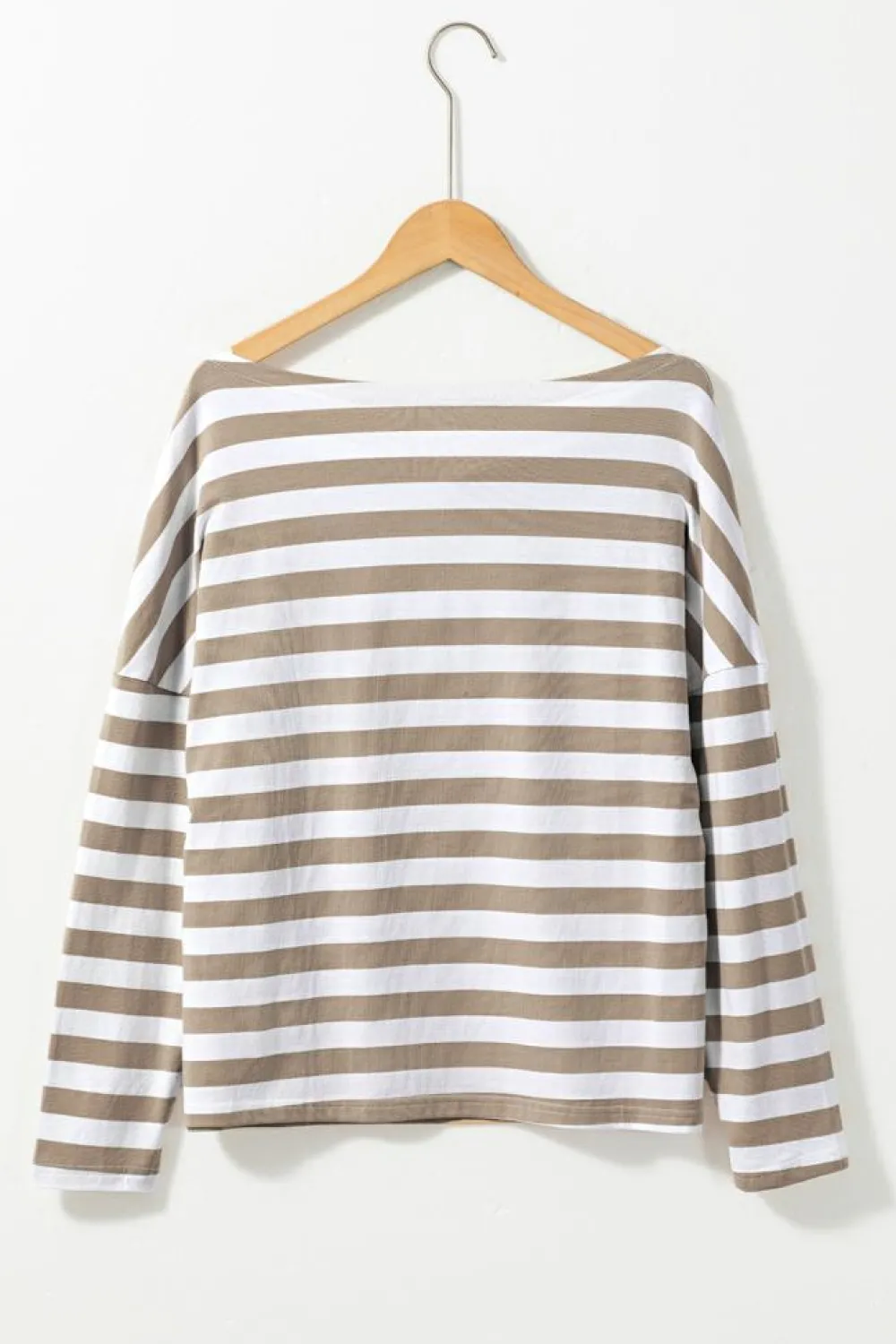 Fashion Dear-Lover Striped Boat Neck Long Sleeve Top Khaki