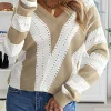 Online Dear-Lover Striped Colorblock V Neck Knitted Sweater Khaki