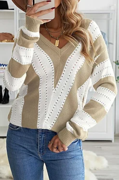 Online Dear-Lover Striped Colorblock V Neck Knitted Sweater Khaki