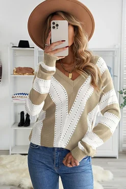 Online Dear-Lover Striped Colorblock V Neck Knitted Sweater Khaki
