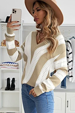 Online Dear-Lover Striped Colorblock V Neck Knitted Sweater Khaki