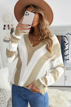Online Dear-Lover Striped Colorblock V Neck Knitted Sweater Khaki