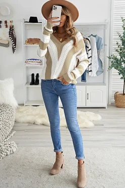 Online Dear-Lover Striped Colorblock V Neck Knitted Sweater Khaki