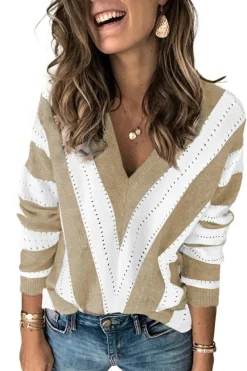 Online Dear-Lover Striped Colorblock V Neck Knitted Sweater Khaki