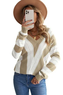 Online Dear-Lover Striped Colorblock V Neck Knitted Sweater Khaki