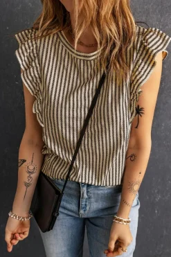 Fashion Dear-Lover Striped Crew Neck Ruffled Tank Top Khaki
