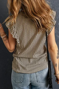 Fashion Dear-Lover Striped Crew Neck Ruffled Tank Top Khaki
