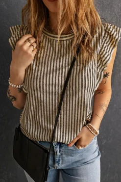 Fashion Dear-Lover Striped Crew Neck Ruffled Tank Top Khaki
