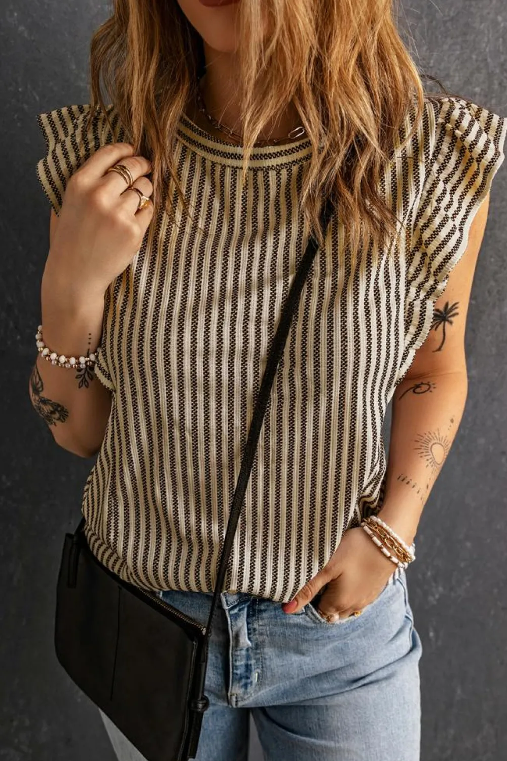 Fashion Dear-Lover Striped Crew Neck Ruffled Tank Top Khaki