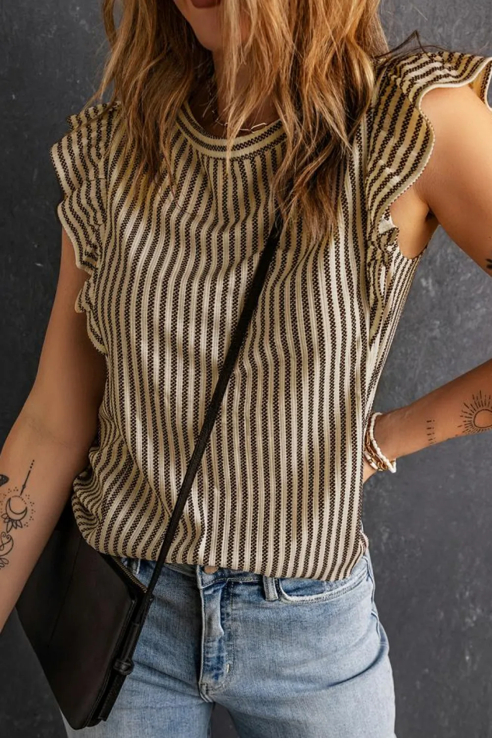 Fashion Dear-Lover Striped Crew Neck Ruffled Tank Top Khaki
