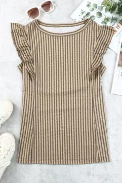 Fashion Dear-Lover Striped Crew Neck Ruffled Tank Top Khaki