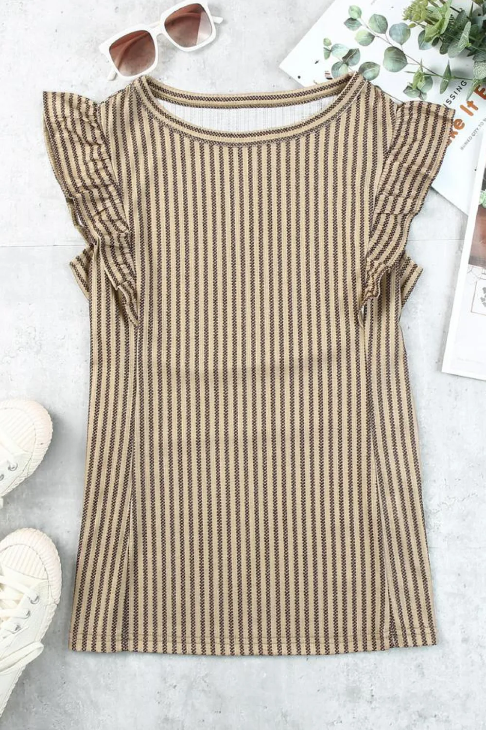 Fashion Dear-Lover Striped Crew Neck Ruffled Tank Top Khaki