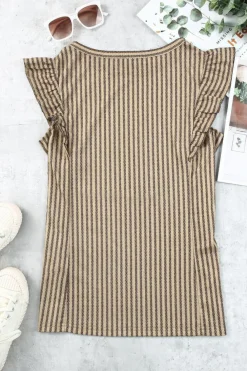 Fashion Dear-Lover Striped Crew Neck Ruffled Tank Top Khaki