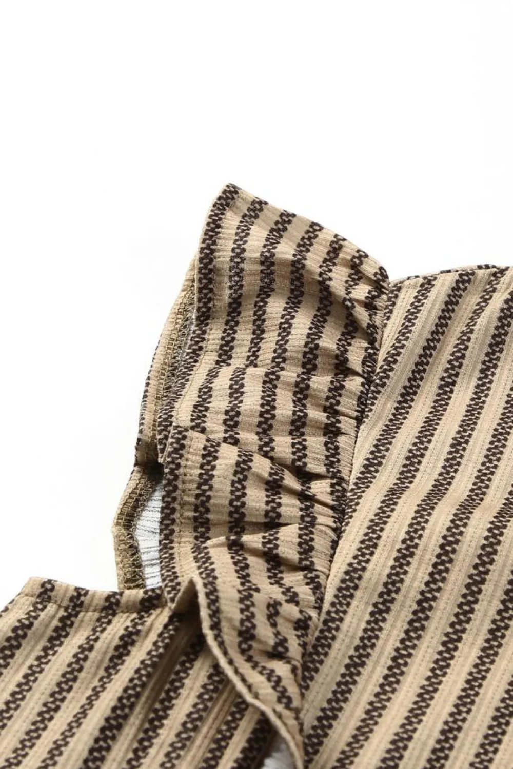 Fashion Dear-Lover Striped Crew Neck Ruffled Tank Top Khaki